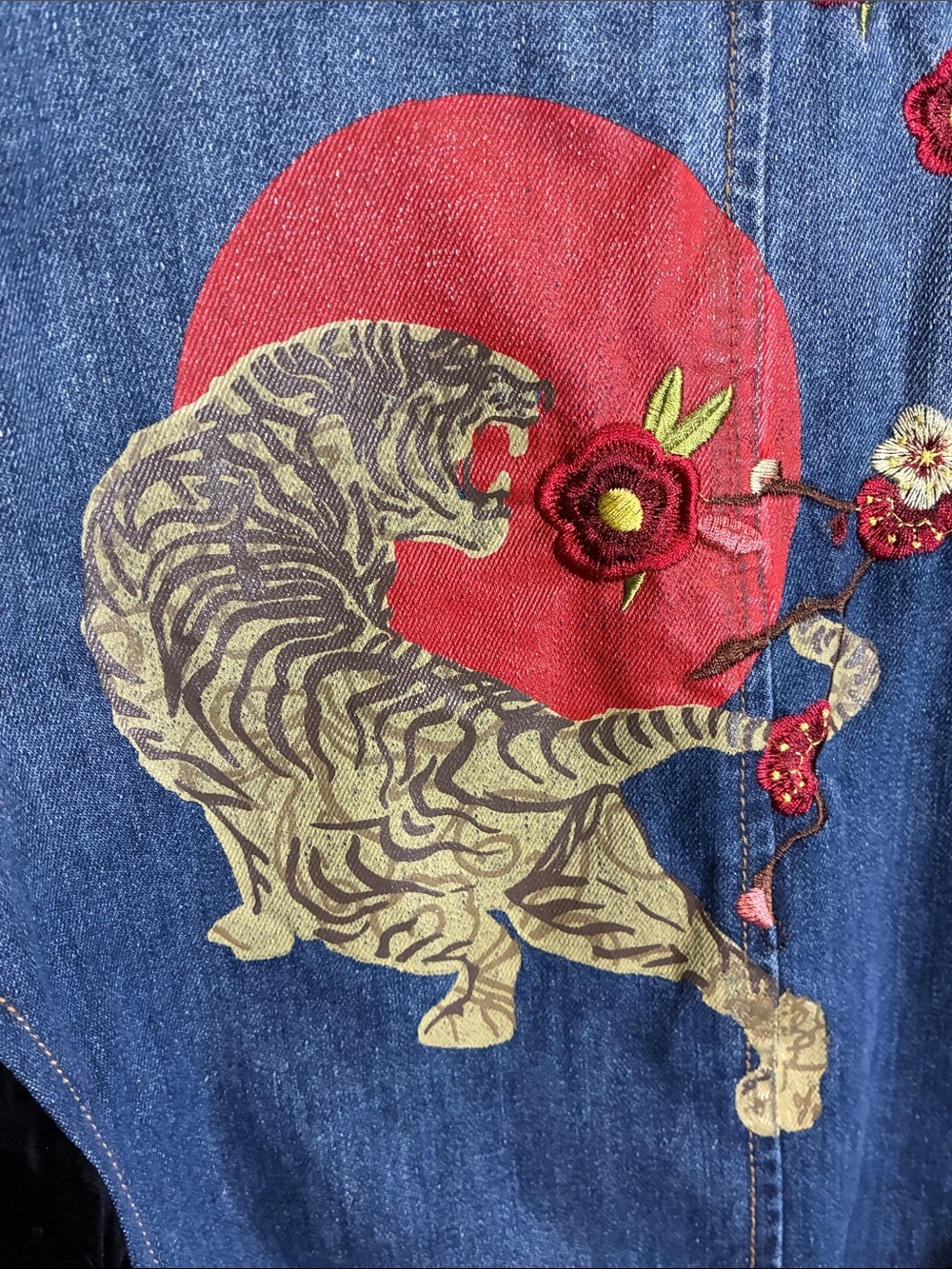 Desigual Embroidered Denim Velvet Bomber Jacket Tiger Birds EU 46 XL - Picture 11 of 16